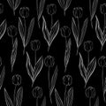 Seamless pattern flowers tulips white on black background vector illustration